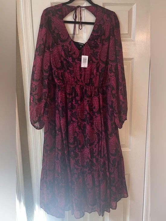 NWT torrid Wine Paisley Long-Sleeve V-Neck Dress - Picture 1 of 10